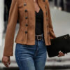 Solid Short Jacket Double Breasted Decorative Design Fashion Retro Suede Long Sleeve Outwear Tops Coat For Womens Clothing - Image 3